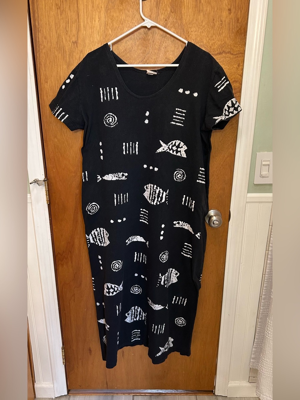 M. Mac Women's Cotton Fields Black & White Graphic Fish Print Midi Dress XL 90’s